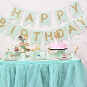 Happy Birthday Banner with Shimmering Gold Letters — Mint Green