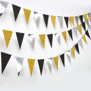 Triangle Flag Banner Garland 4m — Glitter Gold/black/silver