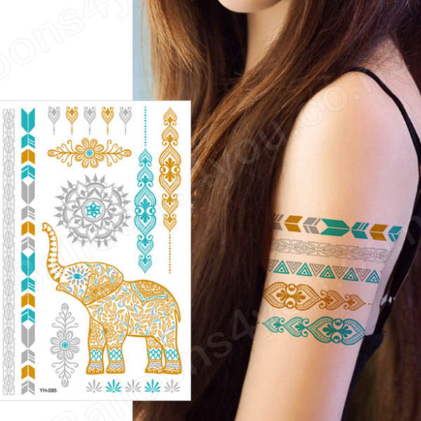 Metallic Temporary Tattoo, Gold Silver Colorful Flowers And Butterfly,  Swallows And Elephants Pattern Fake Tattoos , Flash Jewelry Tattoos ,  Waterproof And Long Lasting Boho Style Tattoos - Temu