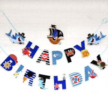 Pirate Ship Happy Birthday Banner — Dark Blue