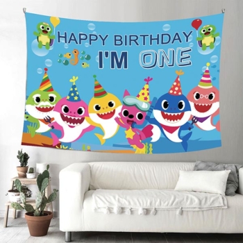 Baby Shark Party One Year Old Wall Backdrop Banner — Pwb25