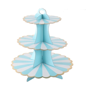 3 Tiered Cardboard Cupcake Stand  — Elegant Azure Stripe