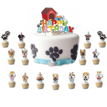 Pet Dog Theme Birthday Lets pawty Cake Topper set 16pcs